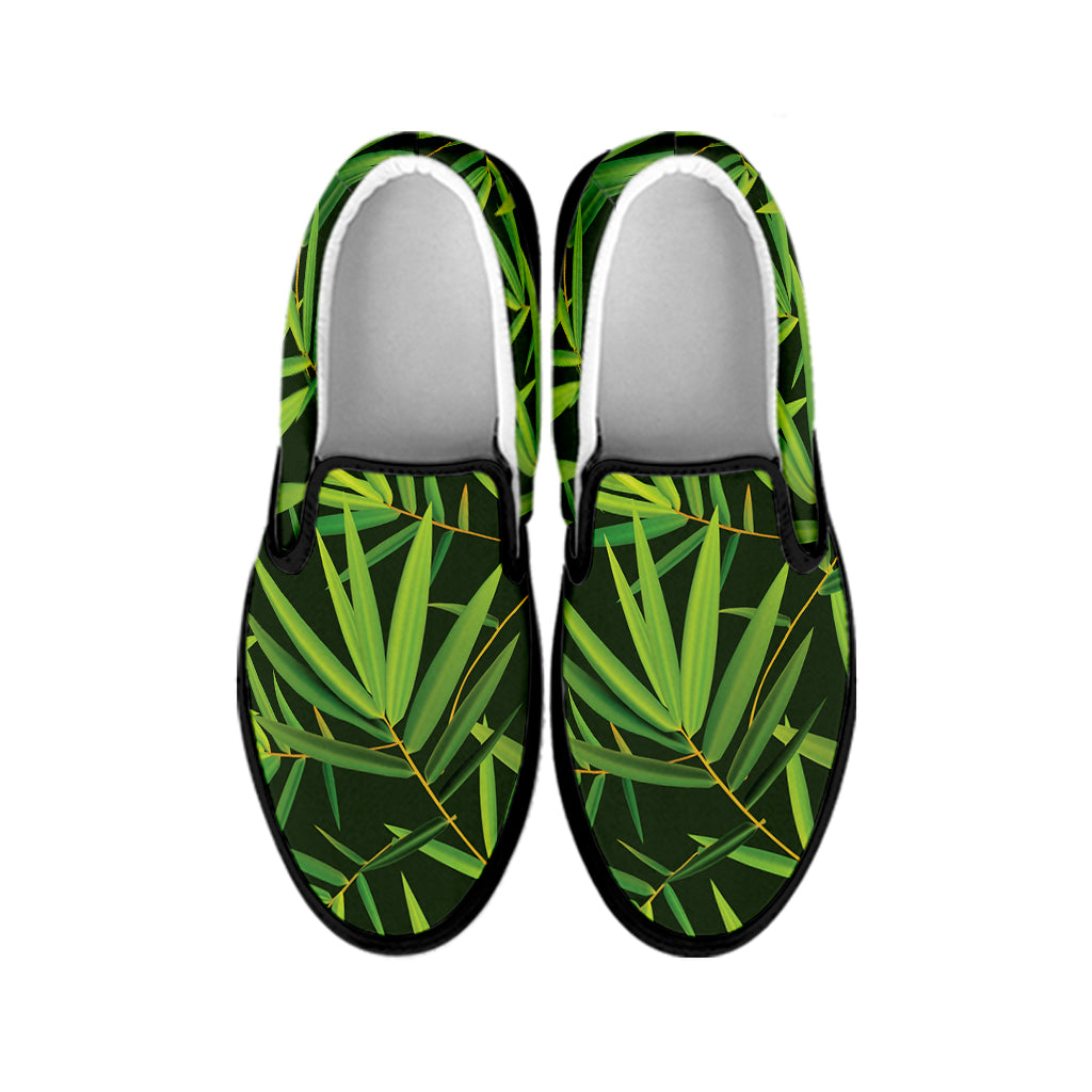 Green Bamboo Leaf Pattern Print Black Slip On Shoes