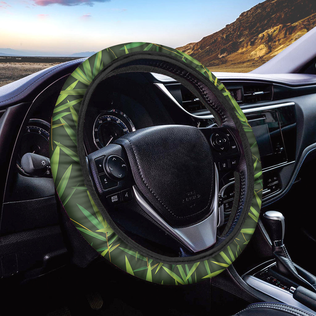 Green Bamboo Leaf Pattern Print Car Steering Wheel Cover