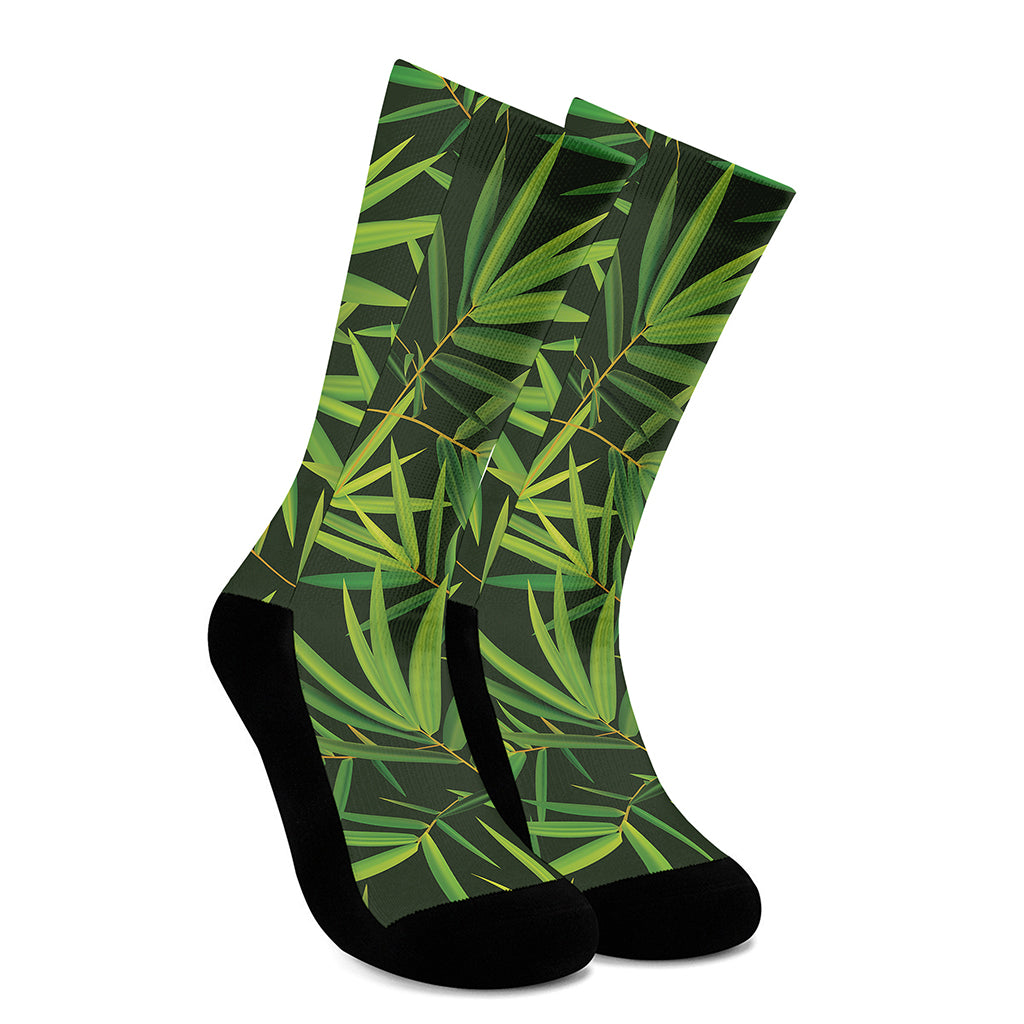 Green Bamboo Leaf Pattern Print Crew Socks