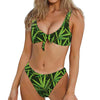 Green Bamboo Leaf Pattern Print Front Bow Tie Bikini