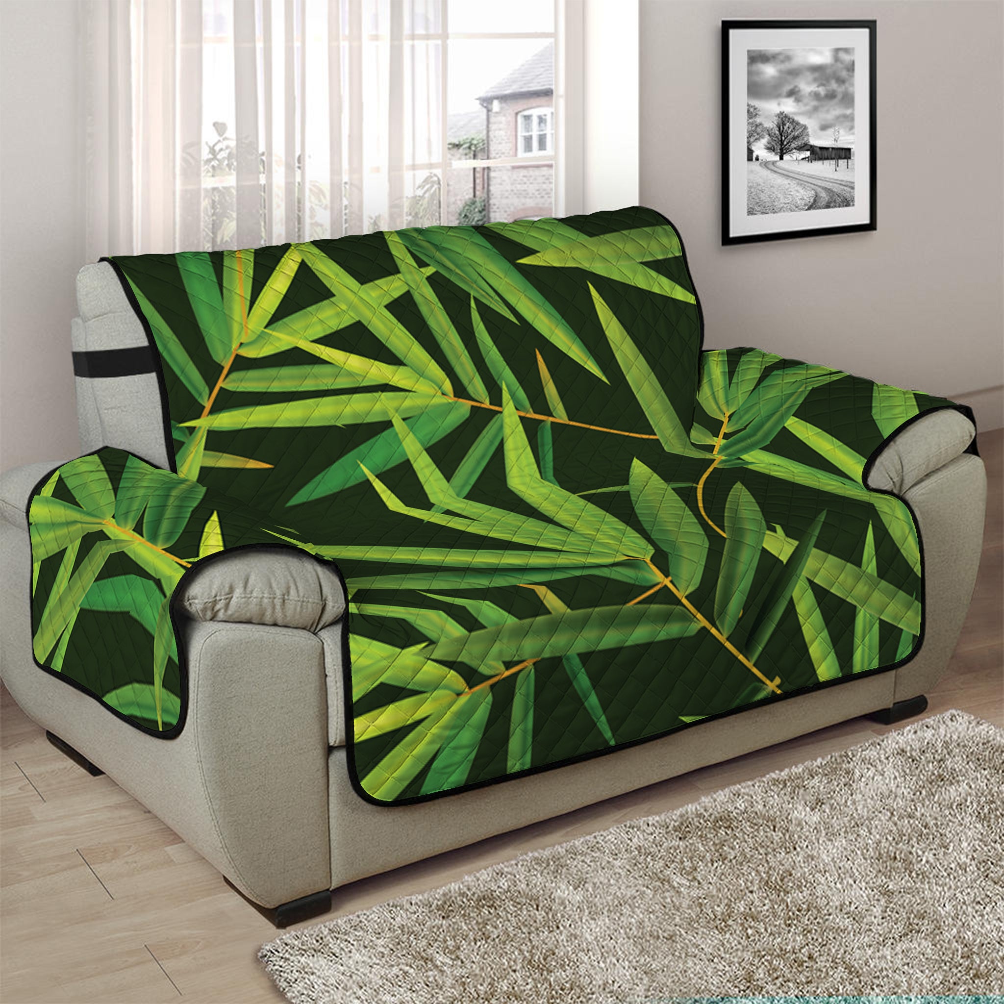 Green Bamboo Leaf Pattern Print Half Sofa Protector