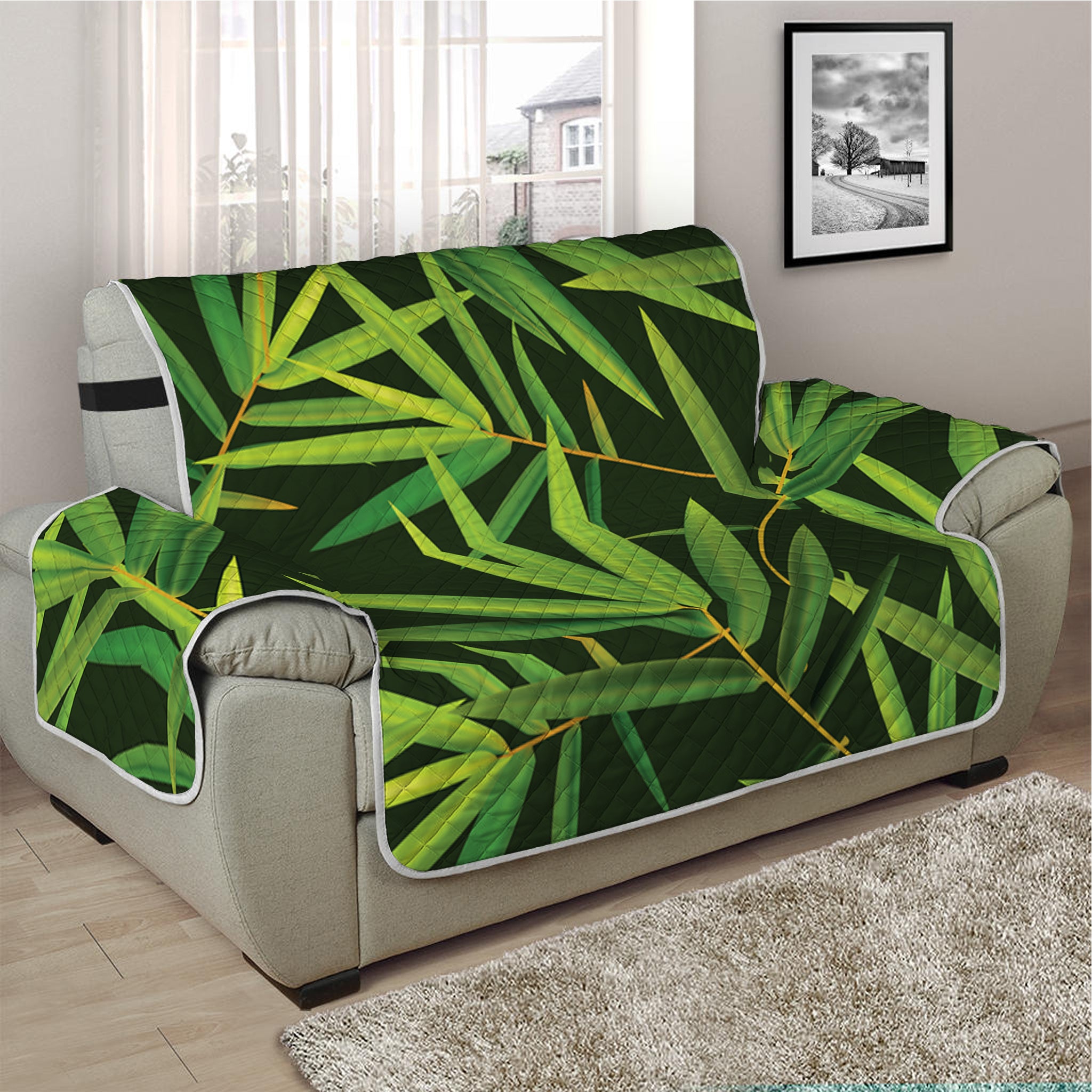 Green Bamboo Leaf Pattern Print Half Sofa Protector