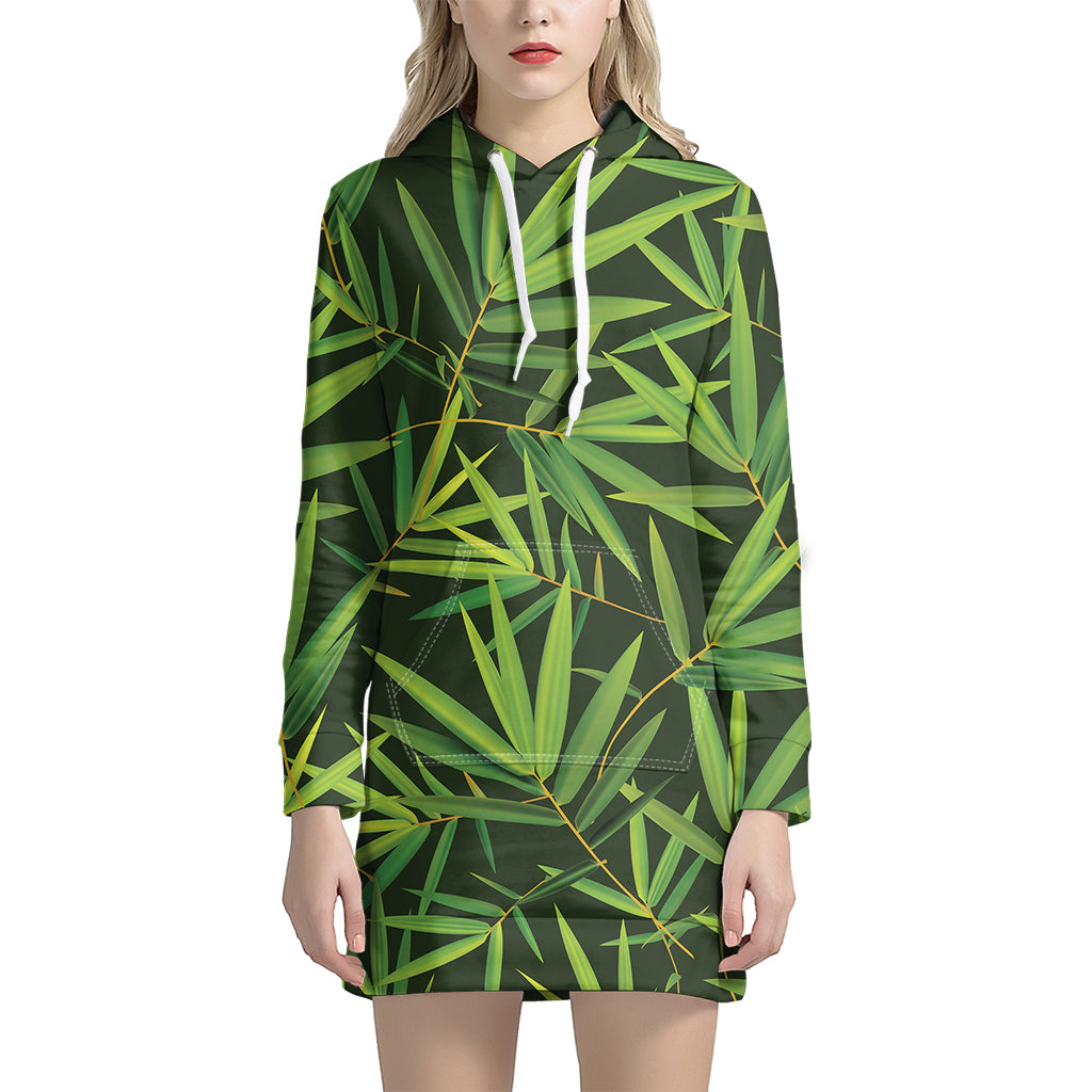 Green Bamboo Leaf Pattern Print Hoodie Dress