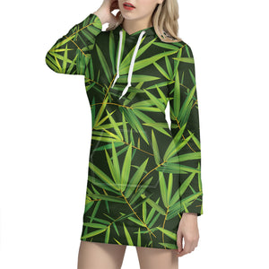 Green Bamboo Leaf Pattern Print Hoodie Dress