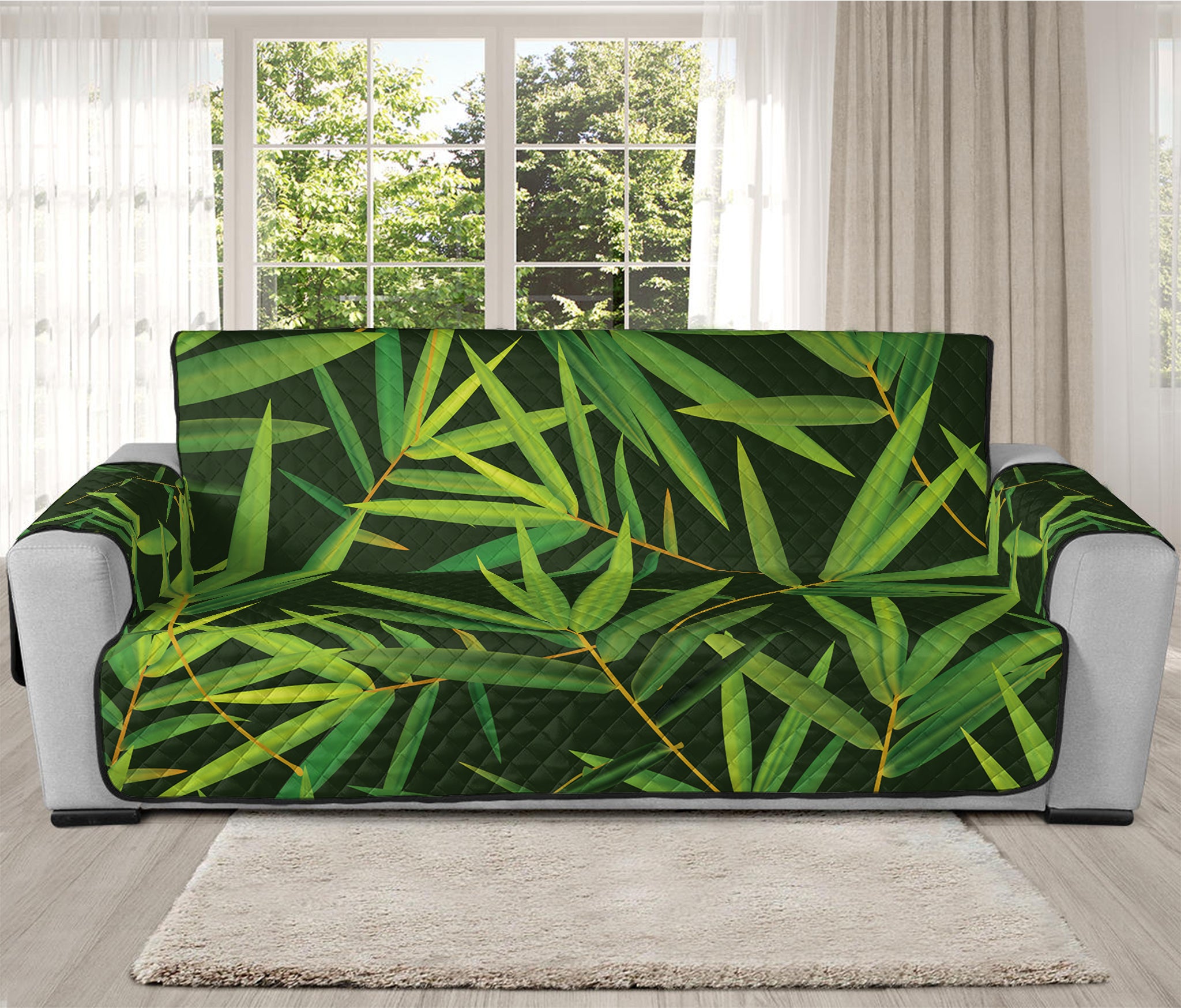 Green Bamboo Leaf Pattern Print Oversized Sofa Protector