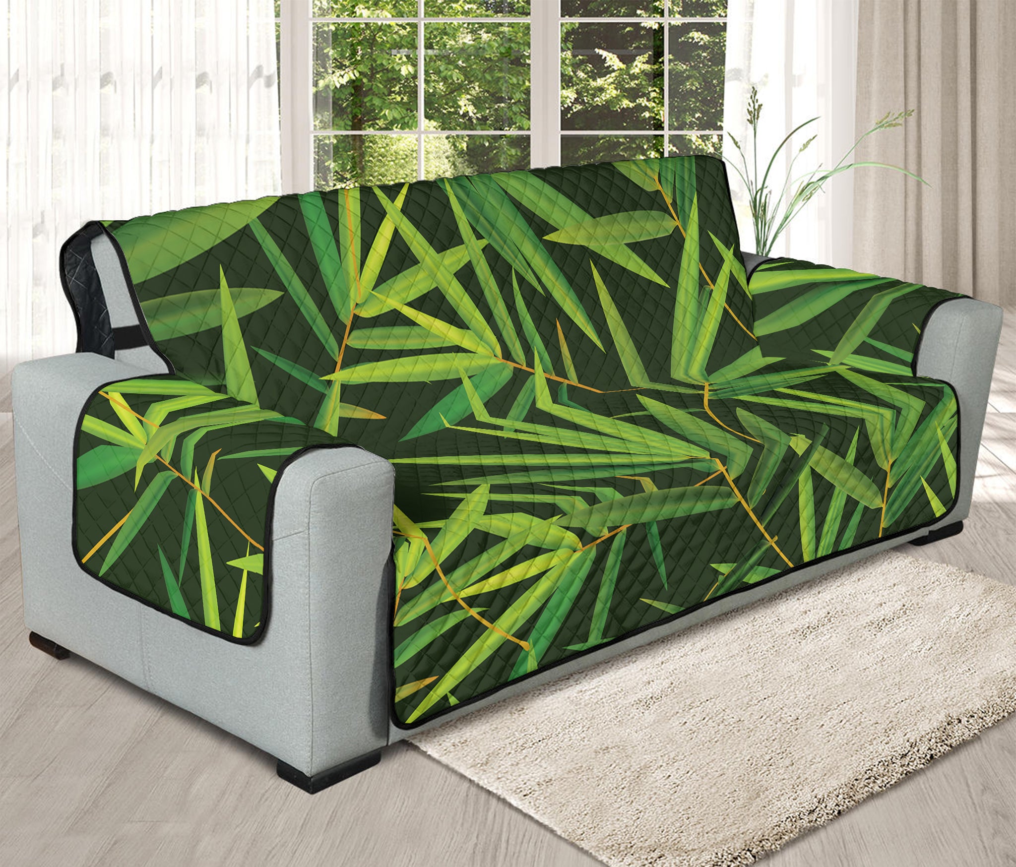 Green Bamboo Leaf Pattern Print Oversized Sofa Protector