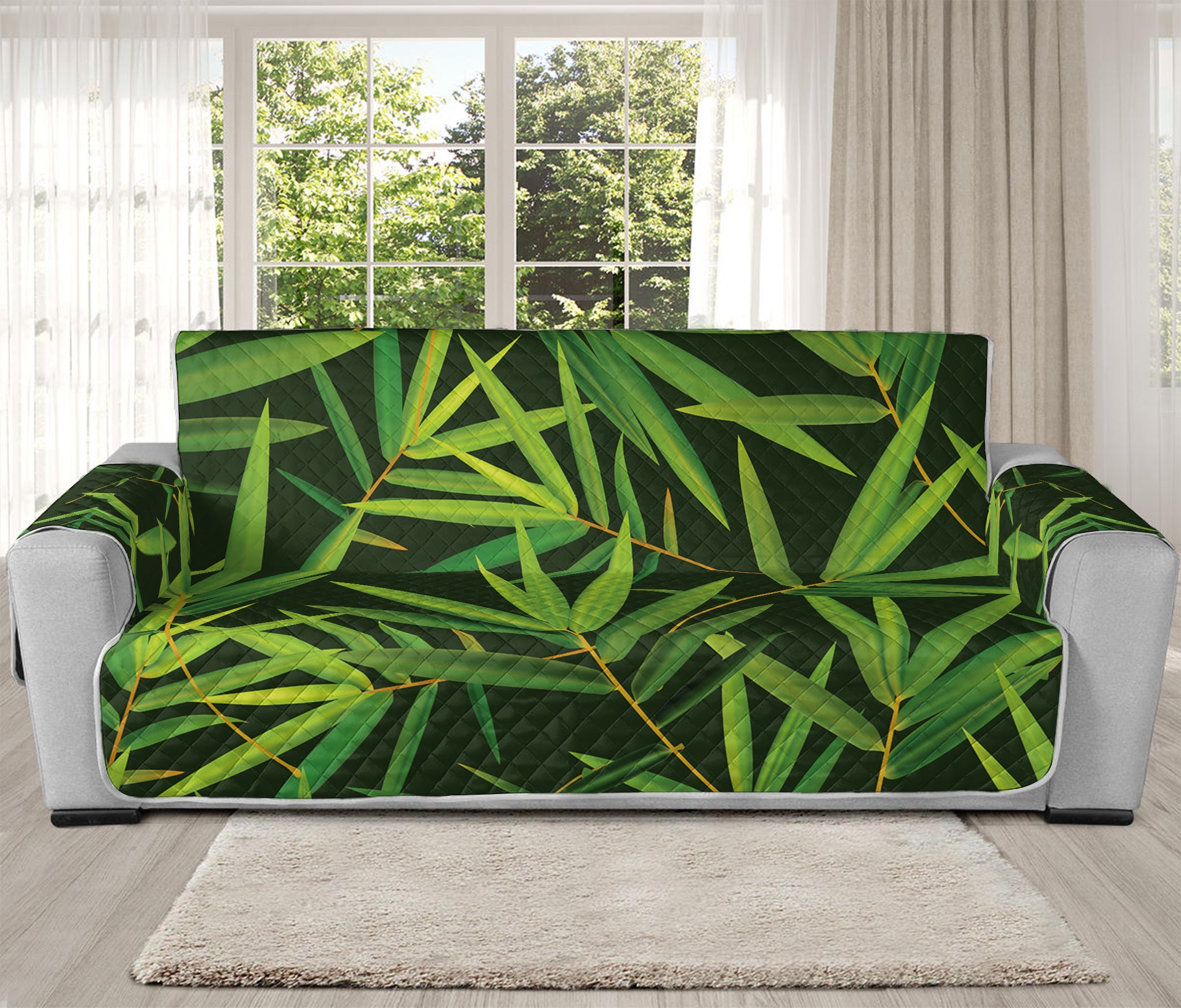 Green Bamboo Leaf Pattern Print Oversized Sofa Protector