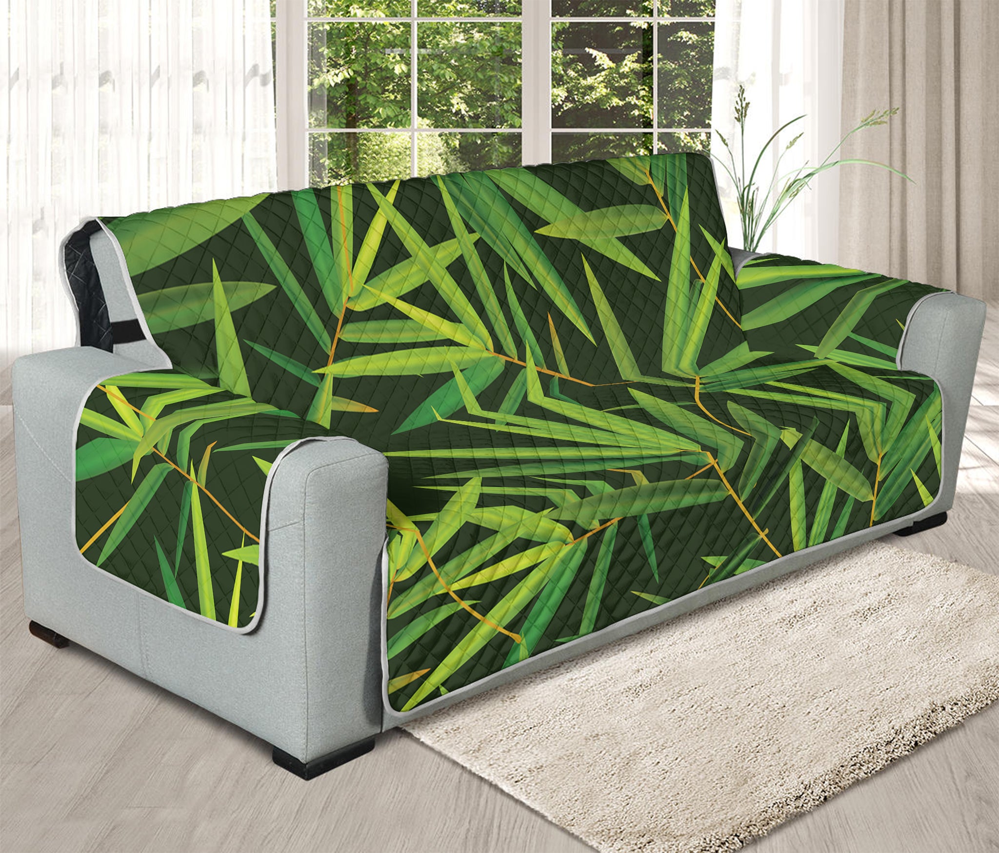 Green Bamboo Leaf Pattern Print Oversized Sofa Protector