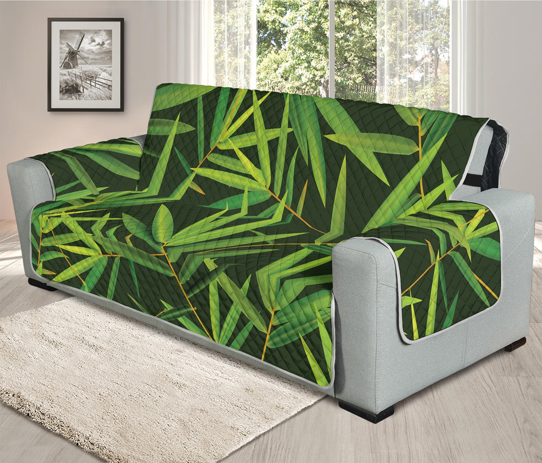 Green Bamboo Leaf Pattern Print Oversized Sofa Protector