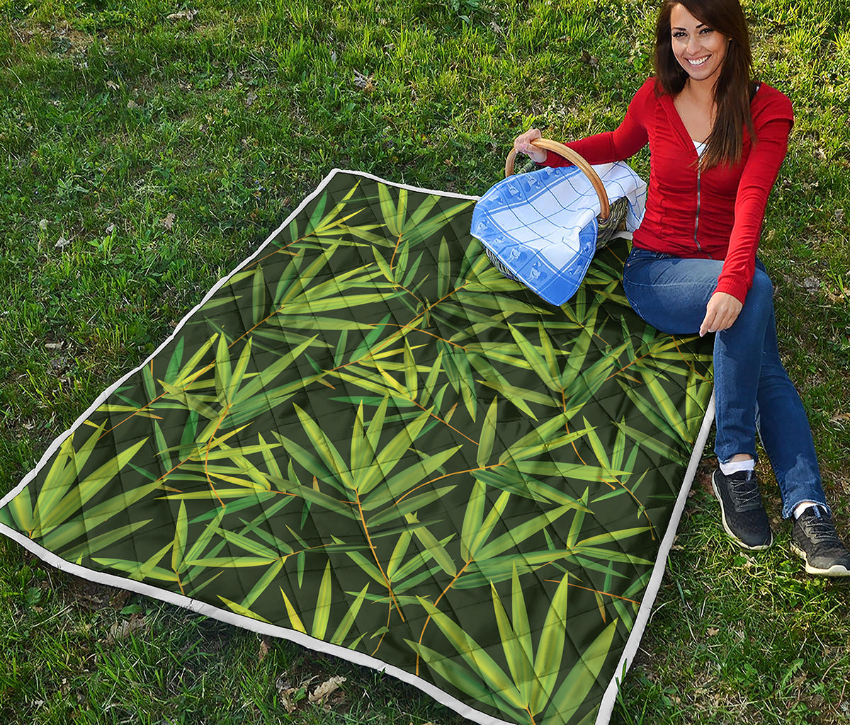 Green Bamboo Leaf Pattern Print Quilt