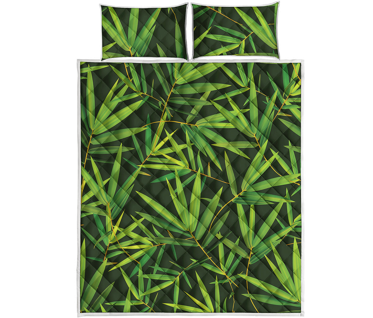 Green Bamboo Leaf Pattern Print Quilt Bed Set