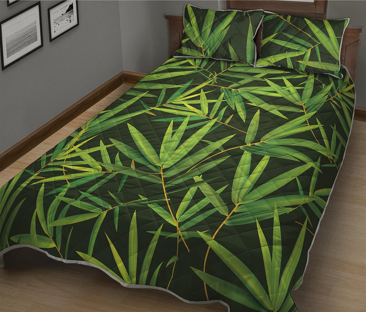 Green Bamboo Leaf Pattern Print Quilt Bed Set