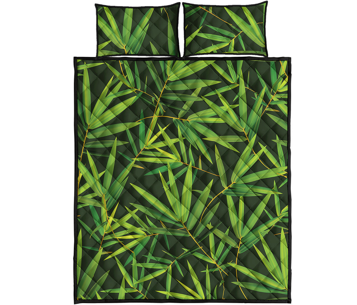 Green Bamboo Leaf Pattern Print Quilt Bed Set