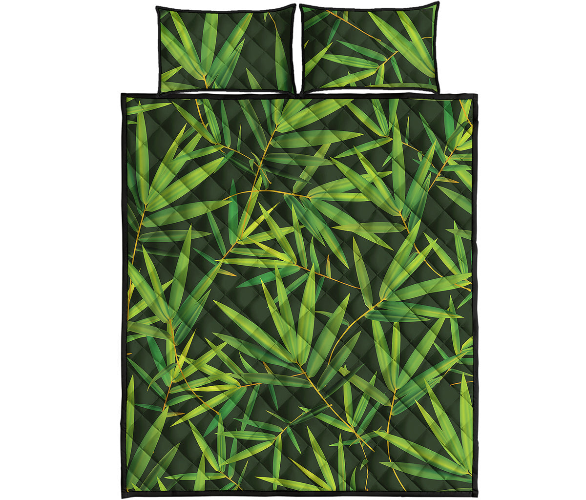 Green Bamboo Leaf Pattern Print Quilt Bed Set