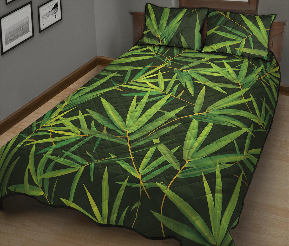 Green Bamboo Leaf Pattern Print Quilt Bed Set