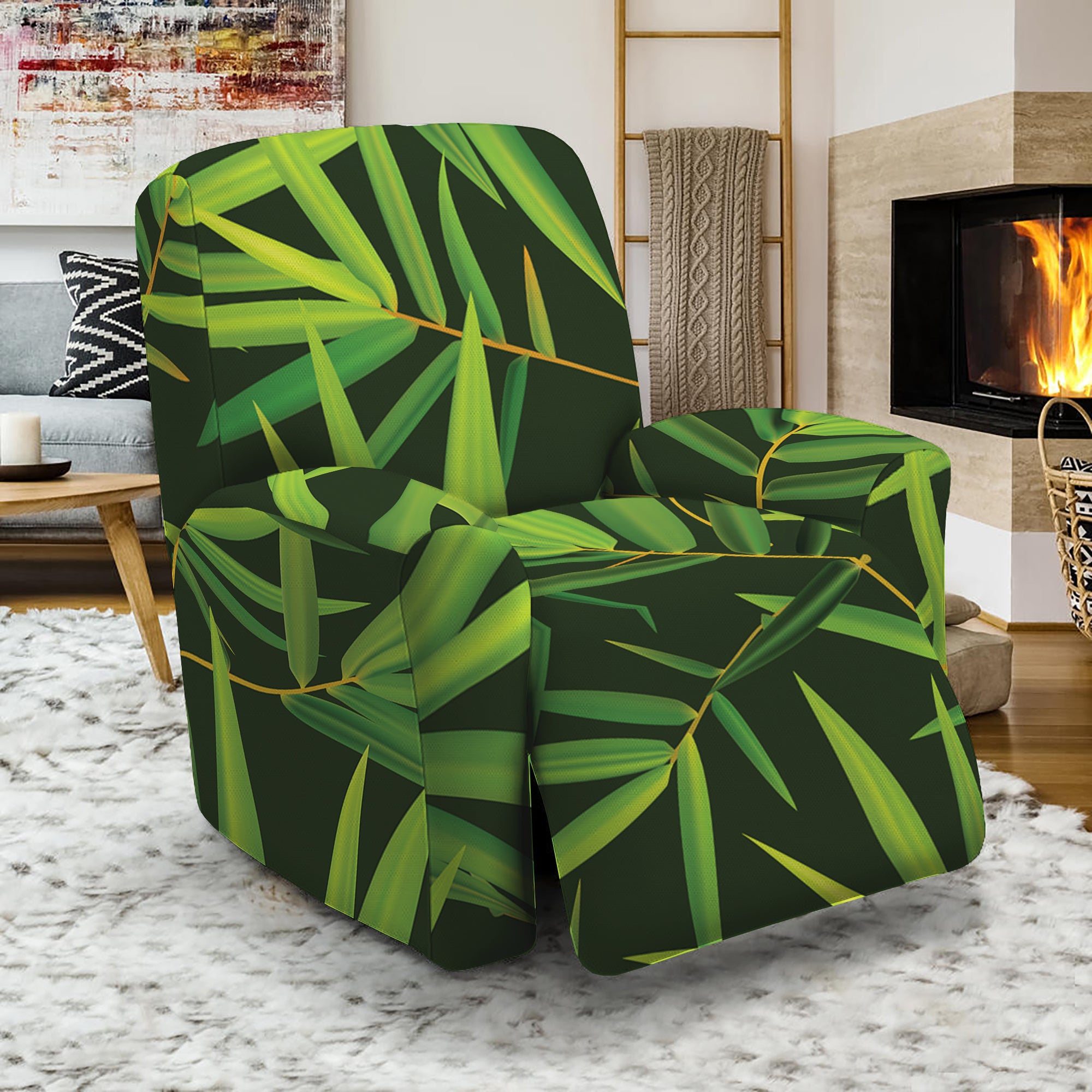 Green Bamboo Leaf Pattern Print Recliner Slipcover