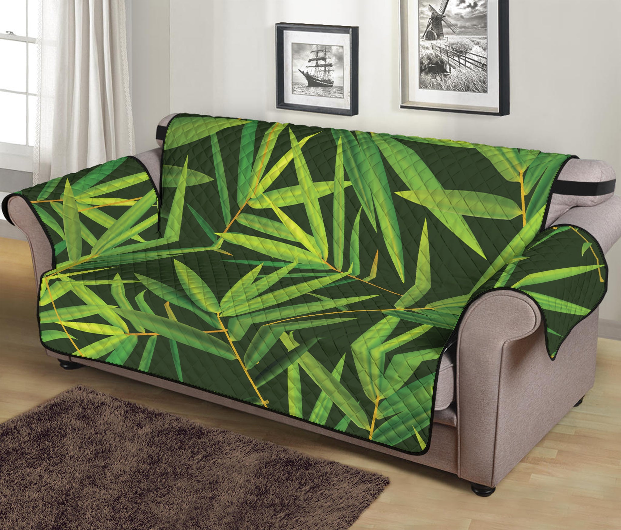 Green Bamboo Leaf Pattern Print Sofa Protector