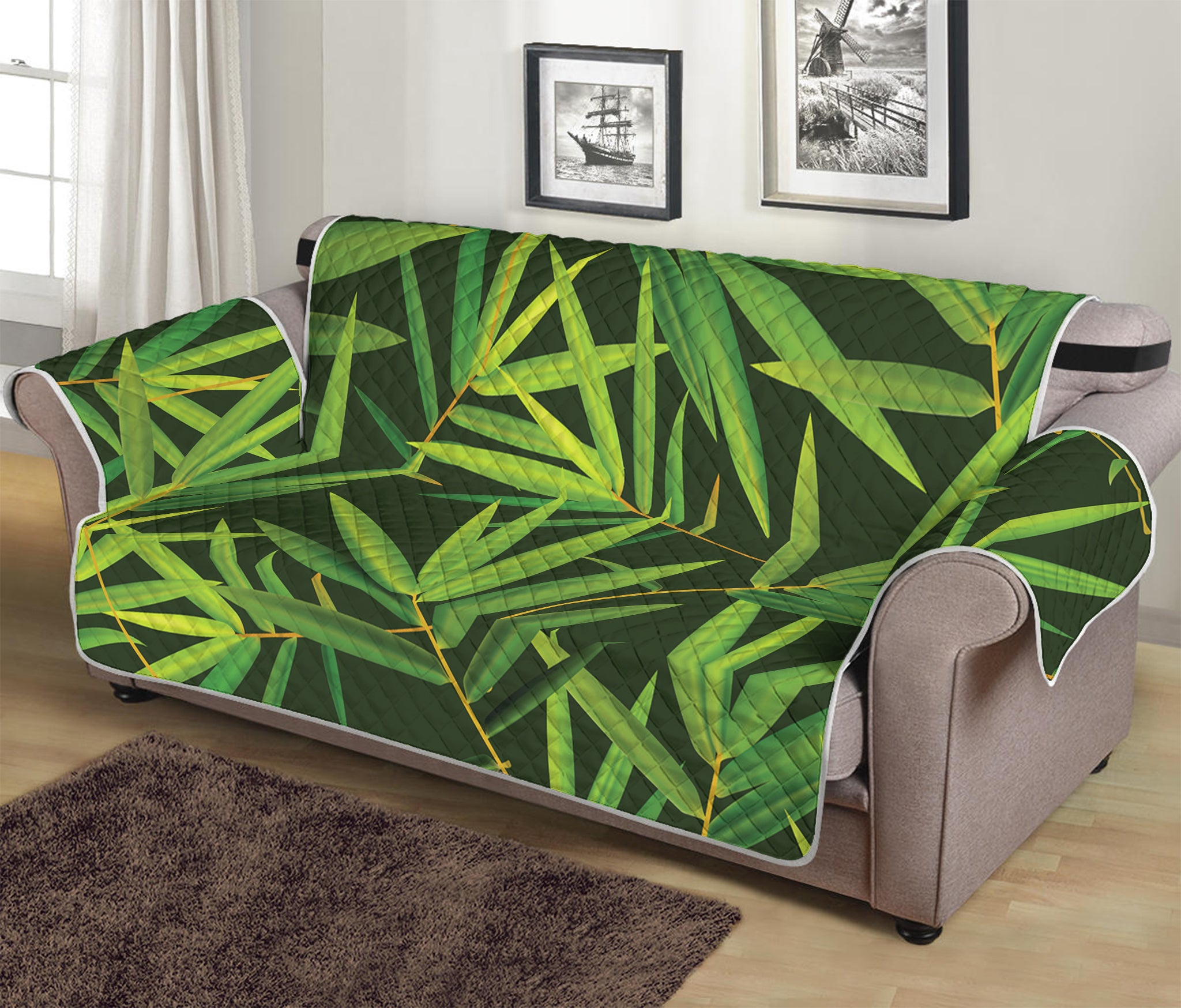 Green Bamboo Leaf Pattern Print Sofa Protector