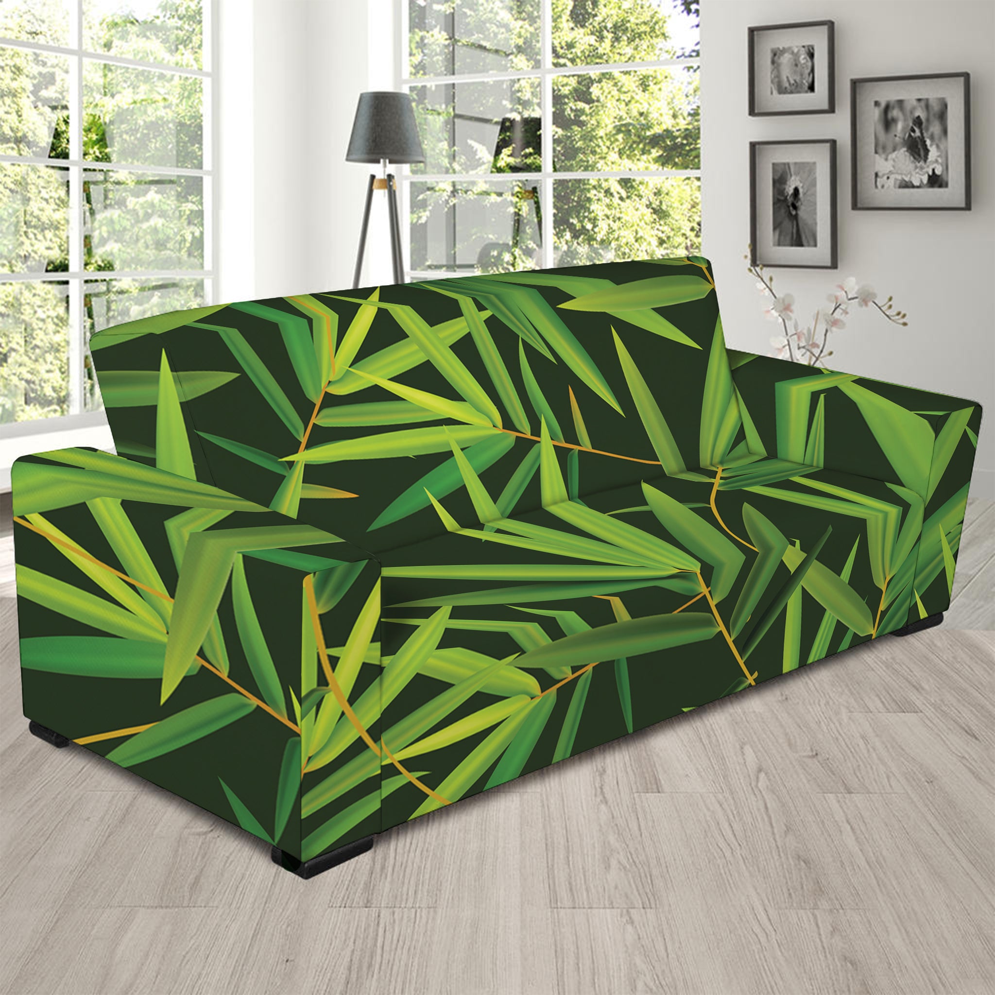 Green Bamboo Leaf Pattern Print Sofa Slipcover