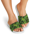 Green Bamboo Leaf Pattern Print White Slide Sandals