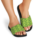 Green Bamboo Print Black Slide Sandals