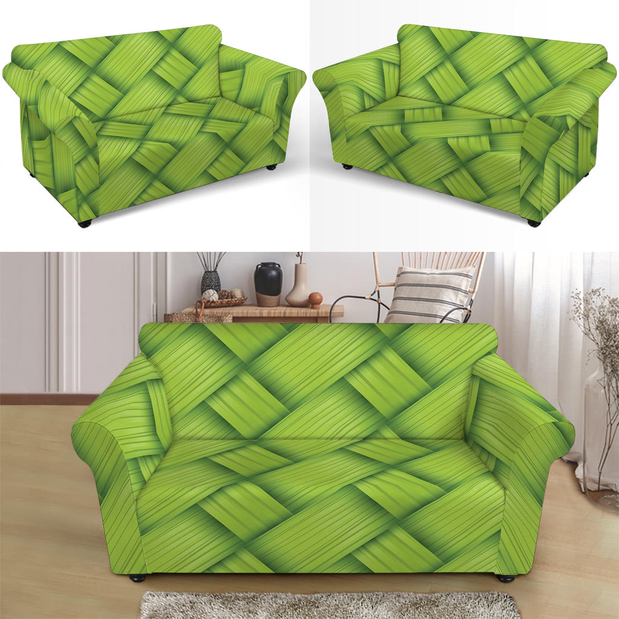 Green Bamboo Print Loveseat Slipcover