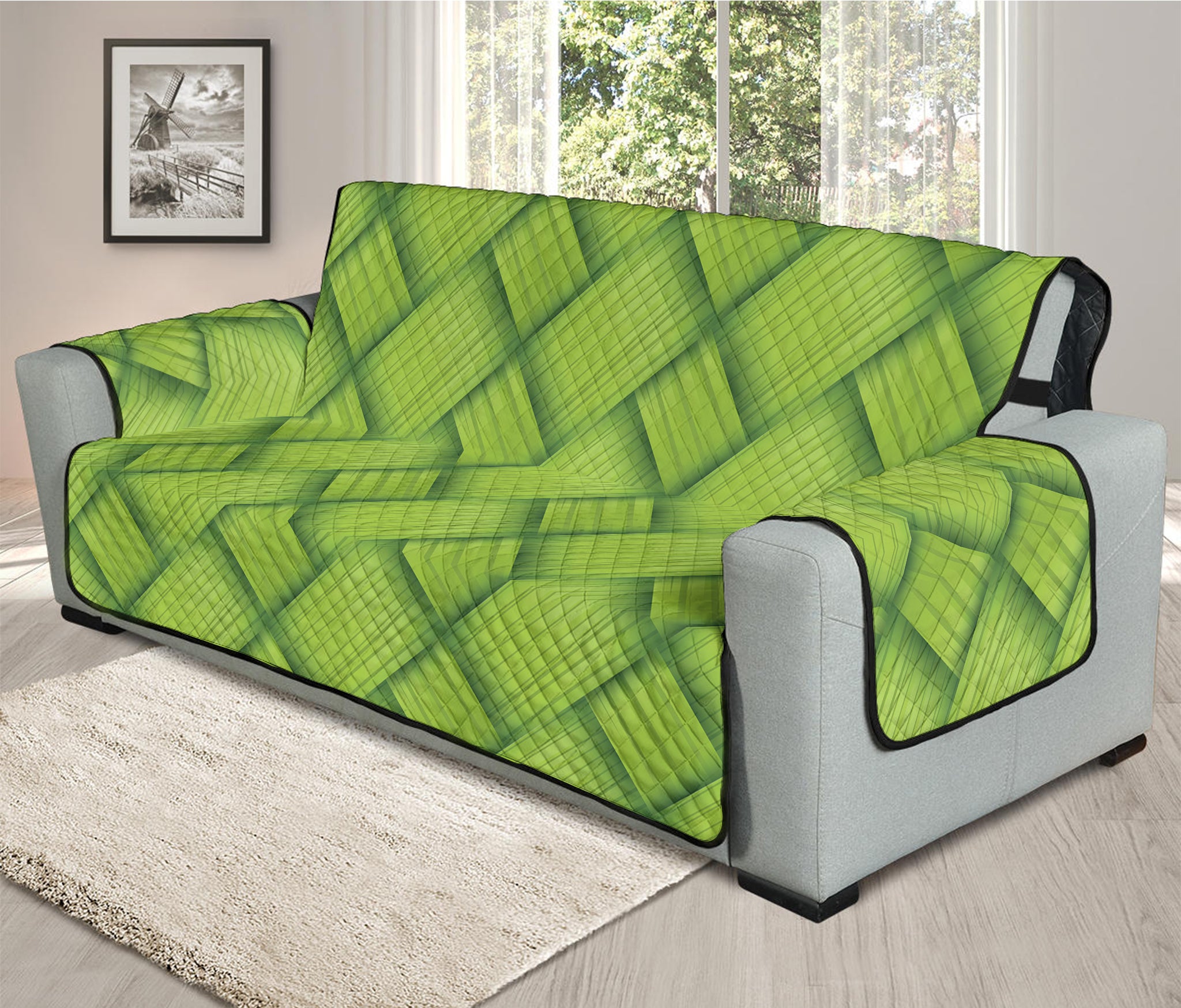 Green Bamboo Print Oversized Sofa Protector