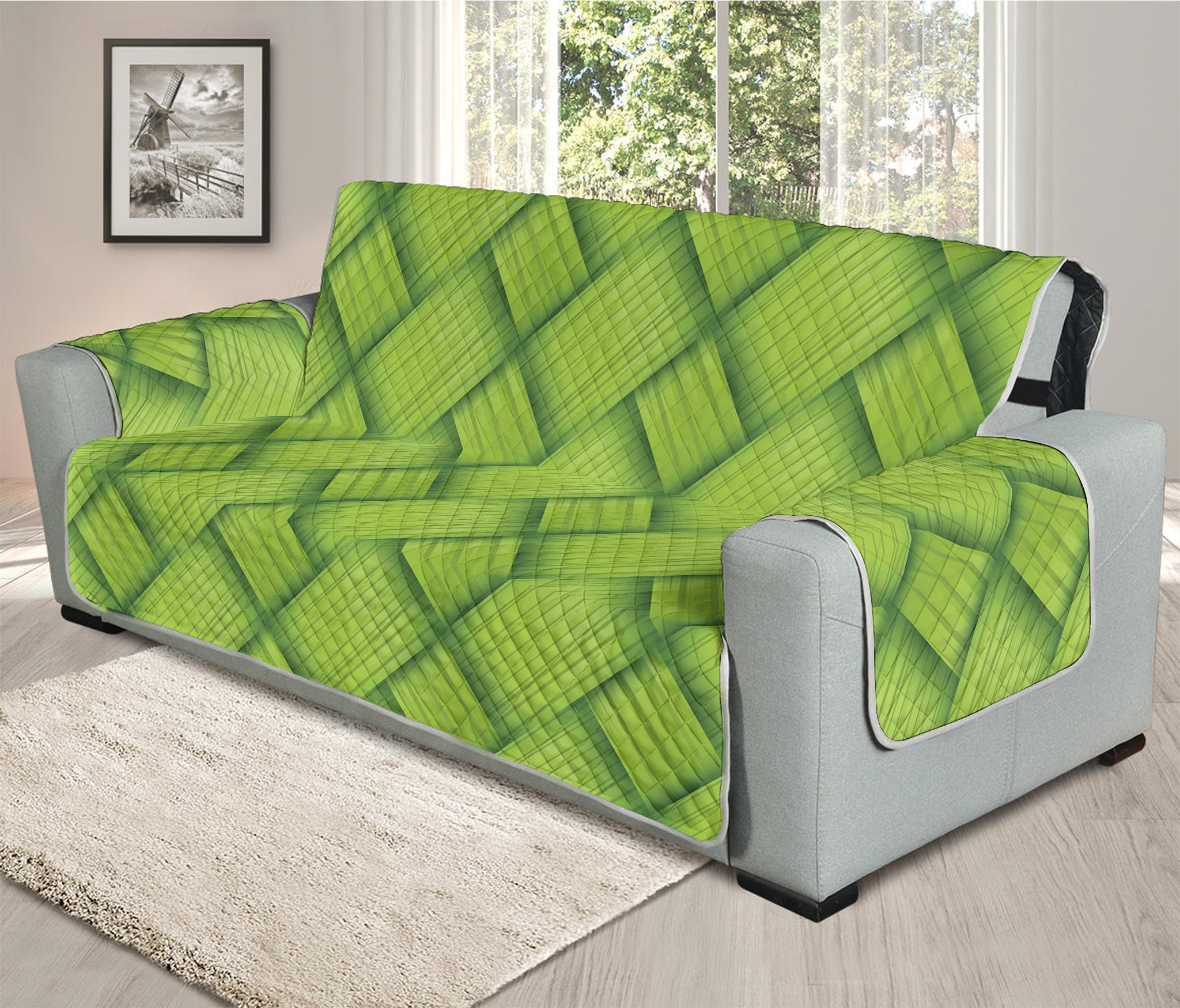 Green Bamboo Print Oversized Sofa Protector