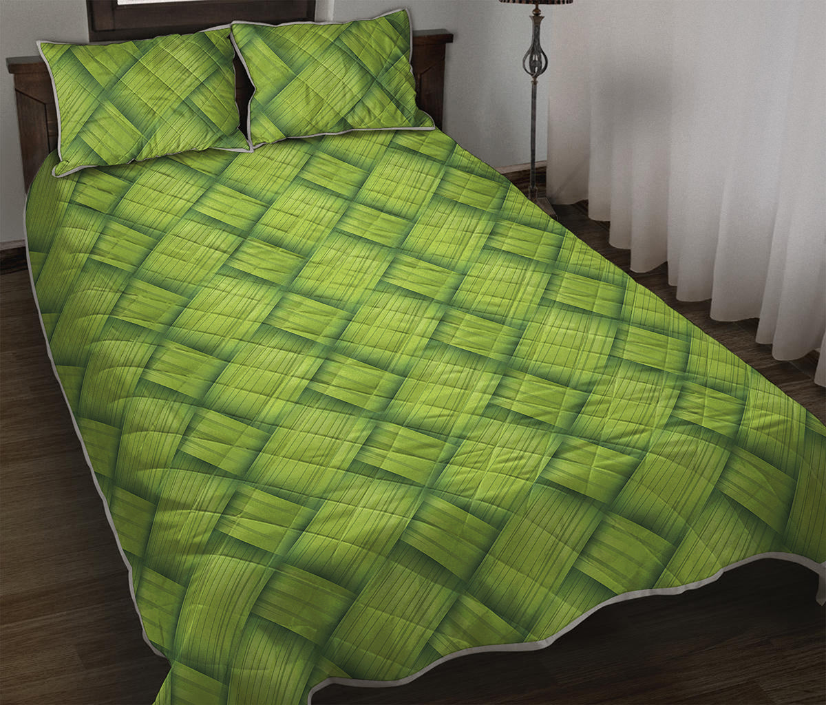 Green Bamboo Print Quilt Bed Set