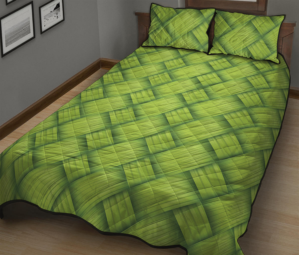 Green Bamboo Print Quilt Bed Set