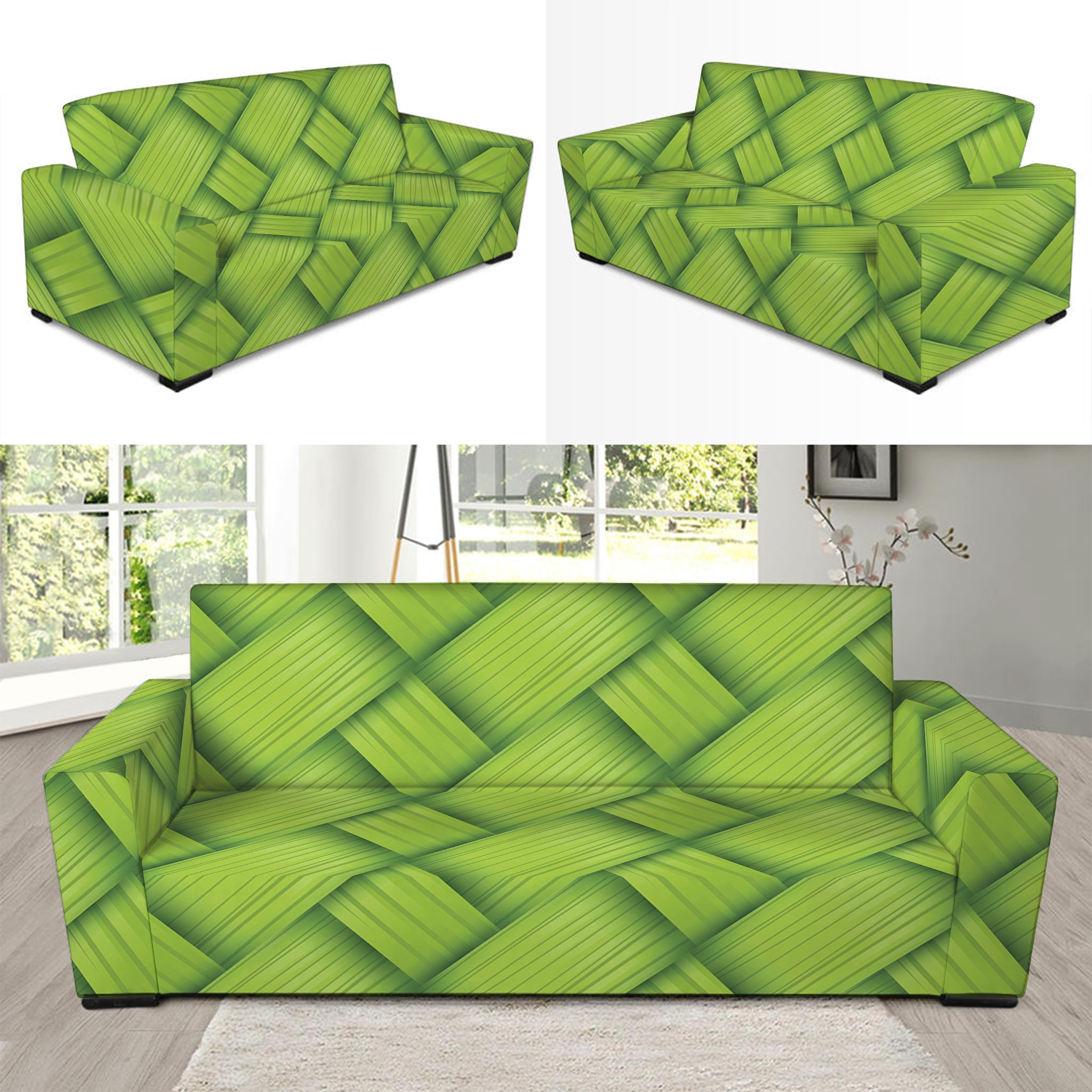 Green Bamboo Print Sofa Slipcover