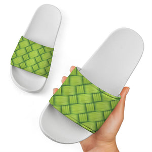 Green Bamboo Print White Slide Sandals