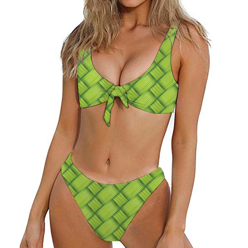 Green Bamboo Texture Print Front Bow Tie Bikini