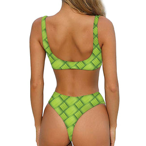 Green Bamboo Texture Print Front Bow Tie Bikini