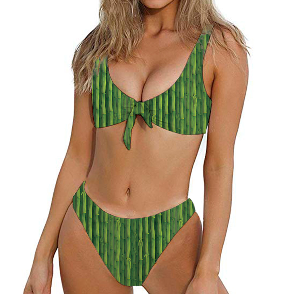 Green Bamboo Tree Pattern Print Front Bow Tie Bikini