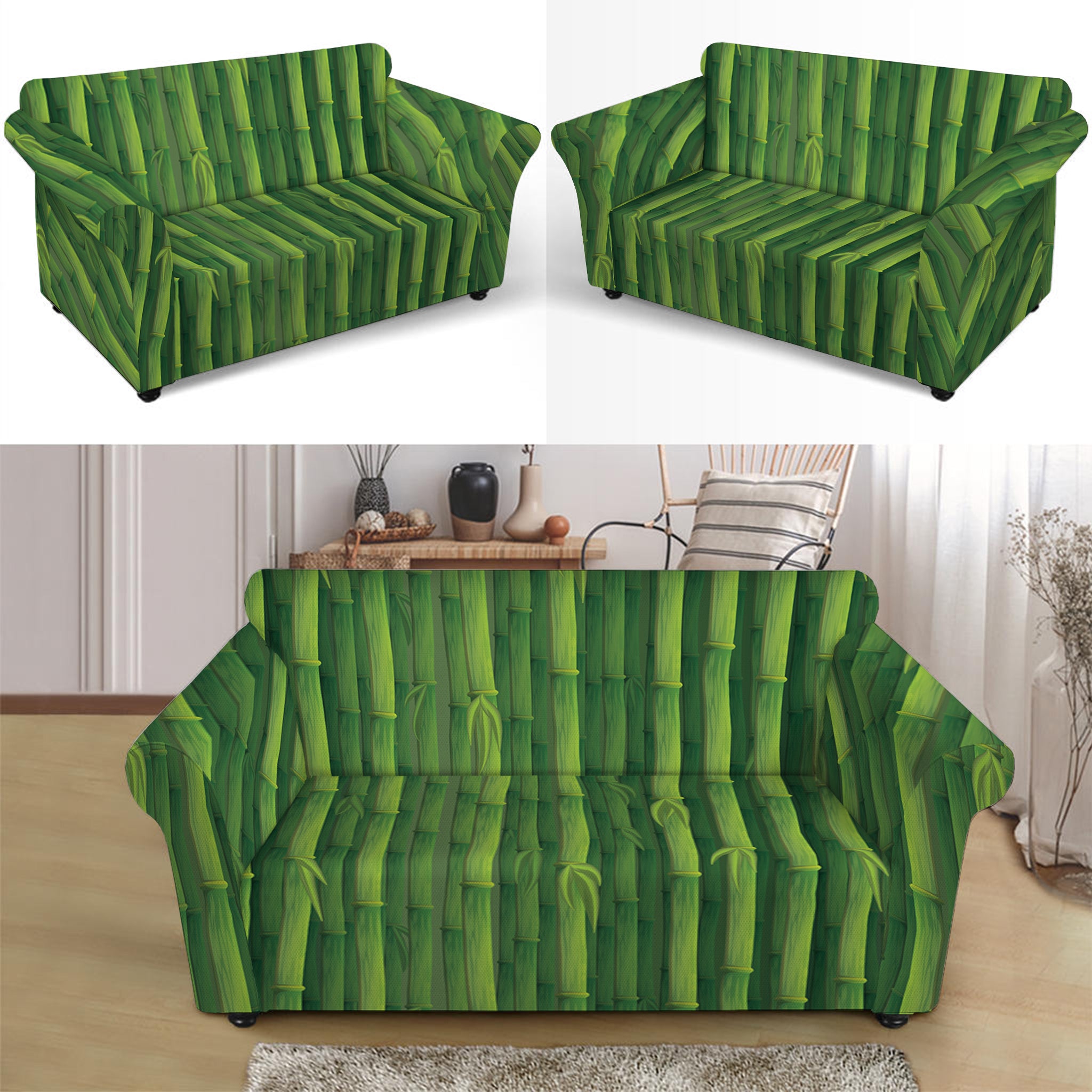 Green Bamboo Tree Pattern Print Loveseat Slipcover