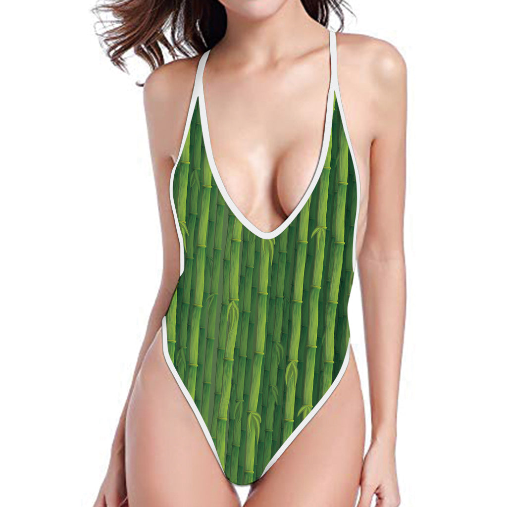 Green Bamboo Tree Pattern Print One Piece High Cut Swimsuit