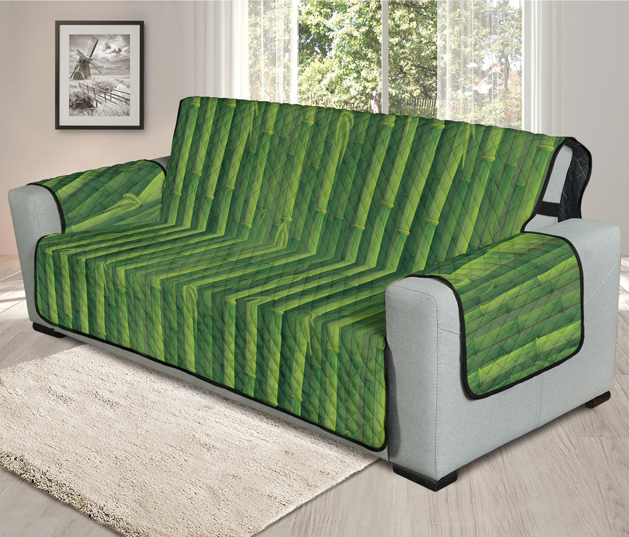 Green Bamboo Tree Pattern Print Oversized Sofa Protector