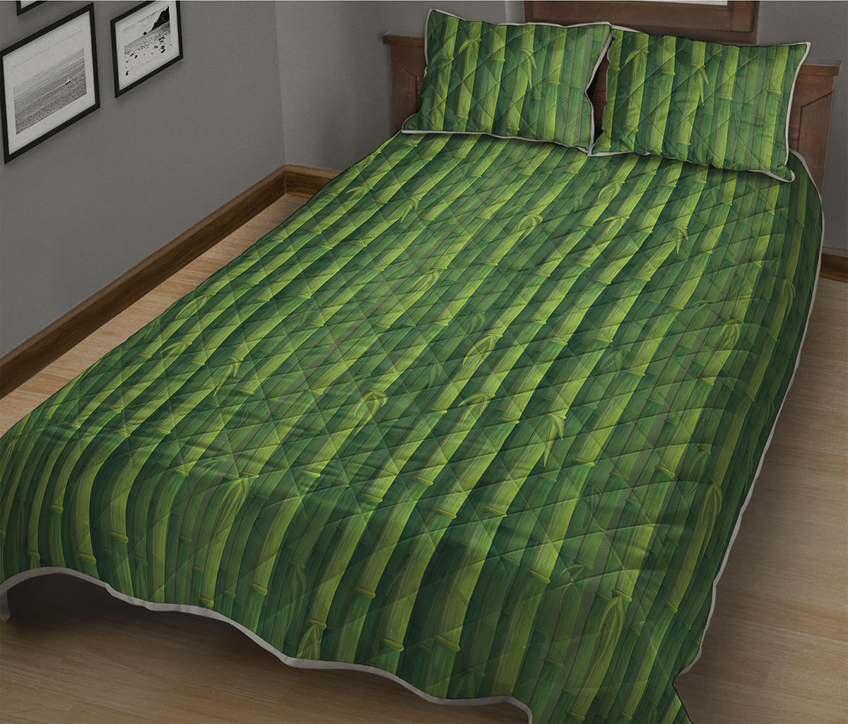 Green Bamboo Tree Pattern Print Quilt Bed Set