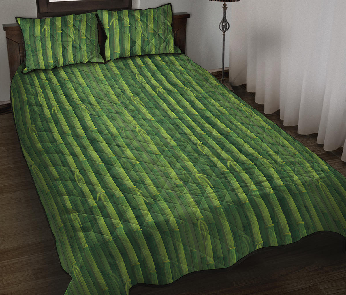 Green Bamboo Tree Pattern Print Quilt Bed Set