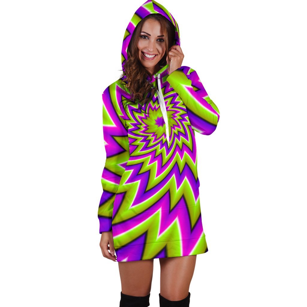 Green Big Bang Moving Optical Illusion Hoodie Dress GearFrost