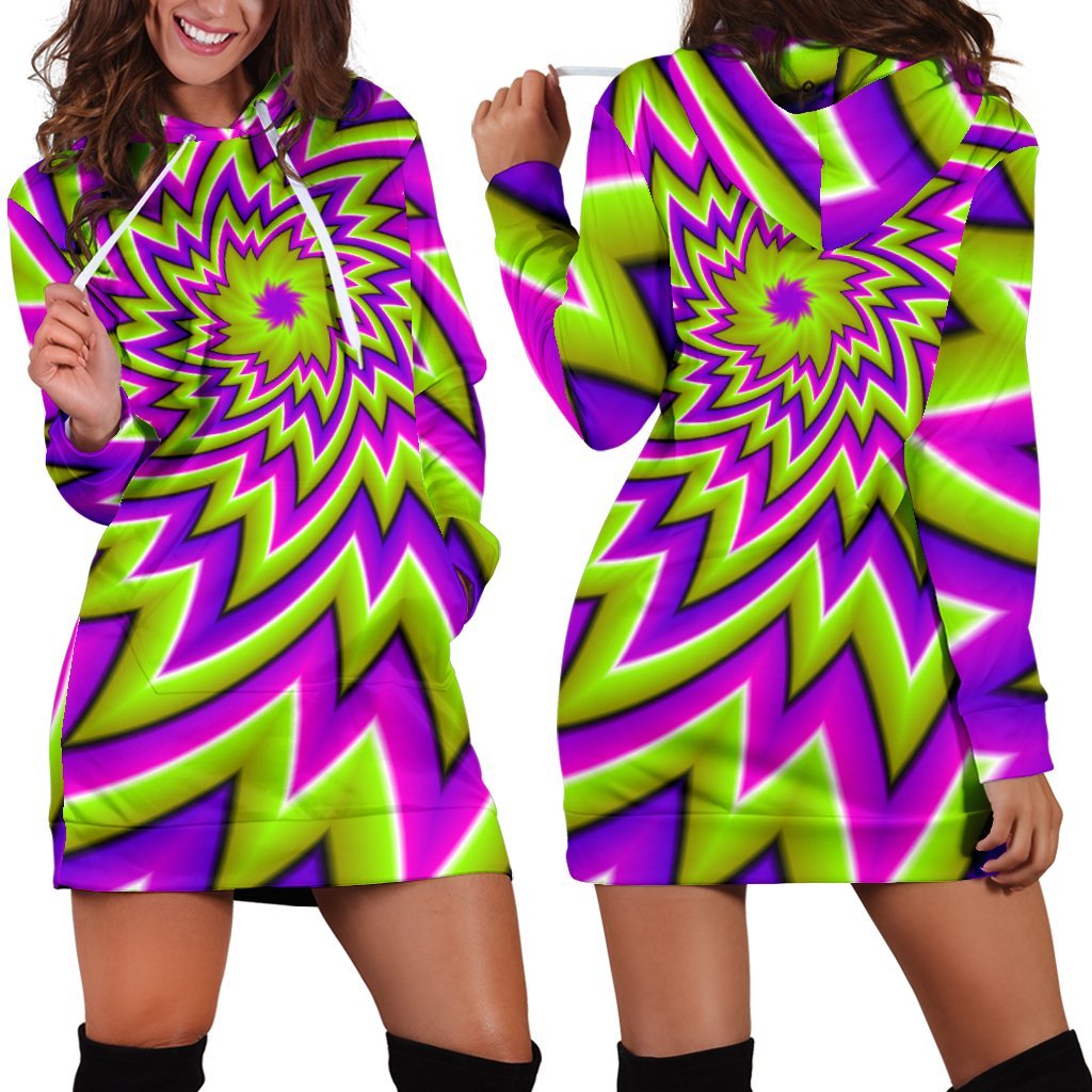 Green Big Bang Moving Optical Illusion Hoodie Dress GearFrost