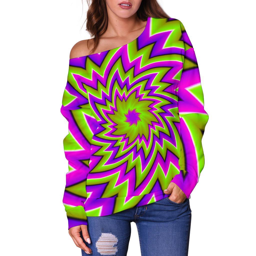 Green Big Bang Moving Optical Illusion Off Shoulder Sweatshirt GearFrost