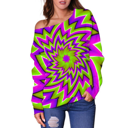 Green Big Bang Moving Optical Illusion Off Shoulder Sweatshirt GearFrost