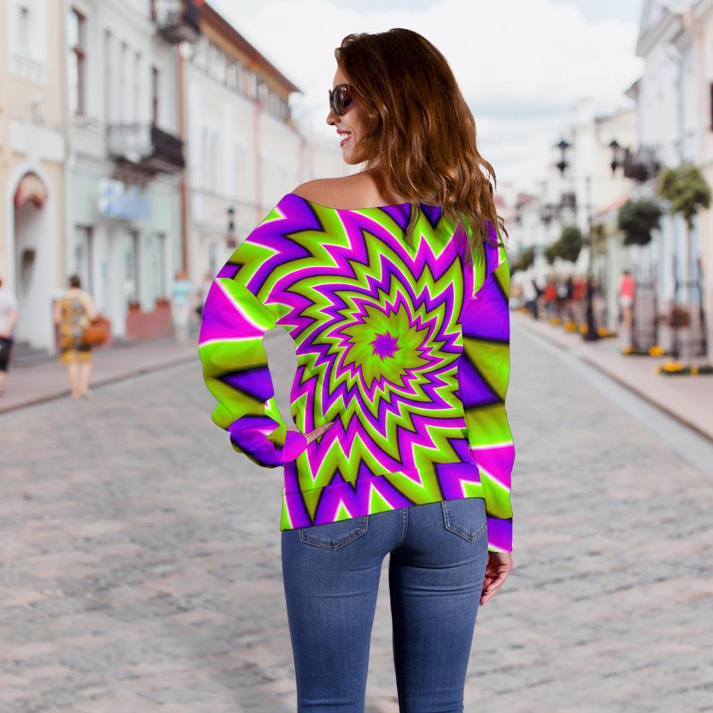 Green Big Bang Moving Optical Illusion Off Shoulder Sweatshirt GearFrost