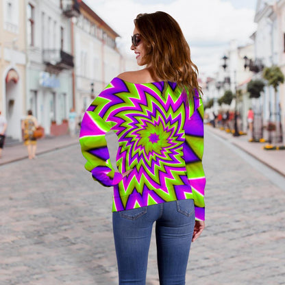 Green Big Bang Moving Optical Illusion Off Shoulder Sweatshirt GearFrost