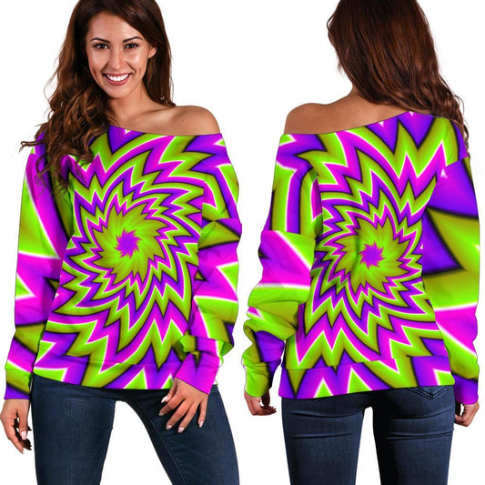 Green Big Bang Moving Optical Illusion Off Shoulder Sweatshirt GearFrost