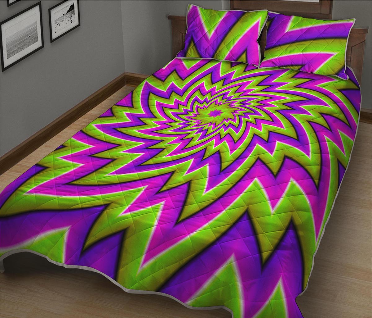 Green Big Bang Moving Optical Illusion Quilt Bed Set
