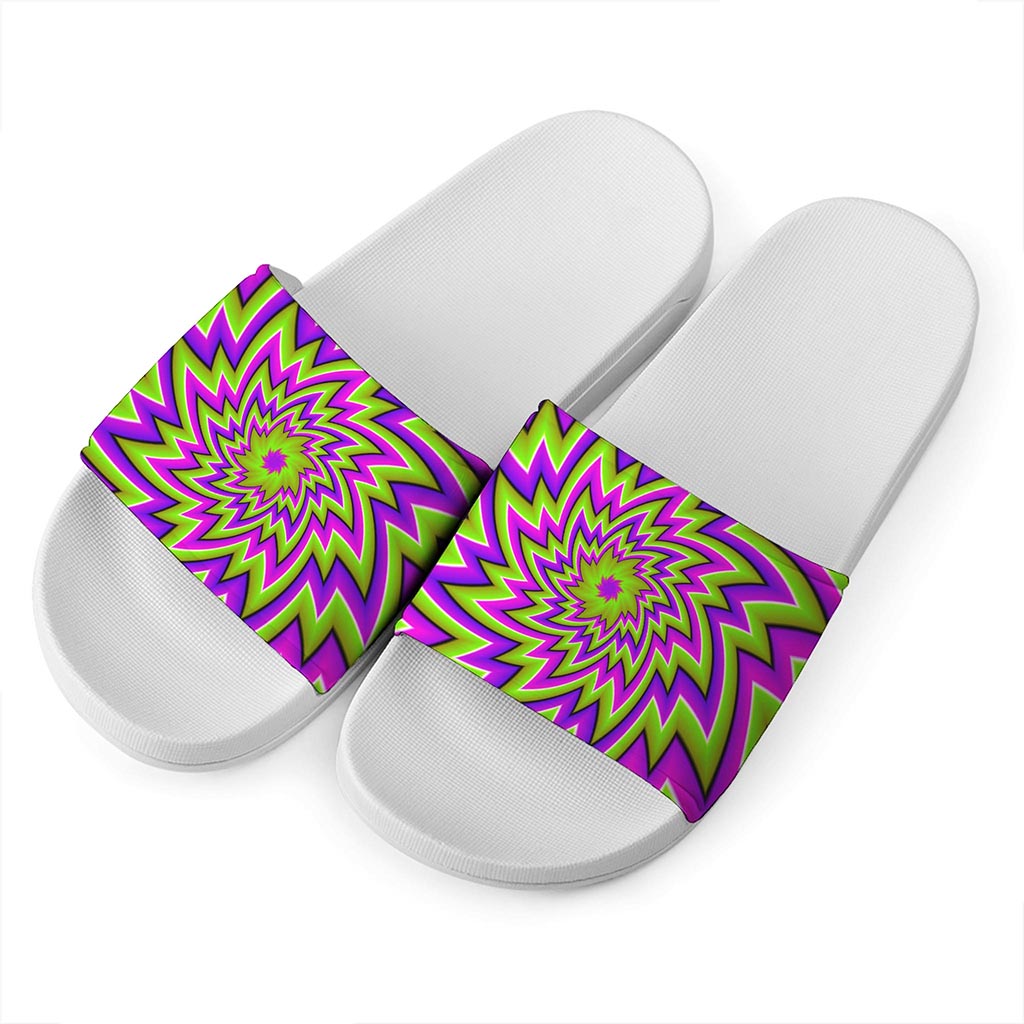 Green Big Bang Moving Optical Illusion White Slide Sandals