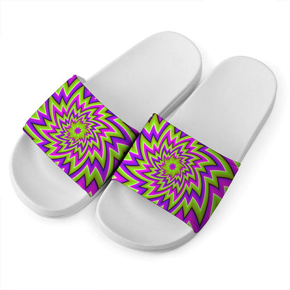 Green Big Bang Moving Optical Illusion White Slide Sandals